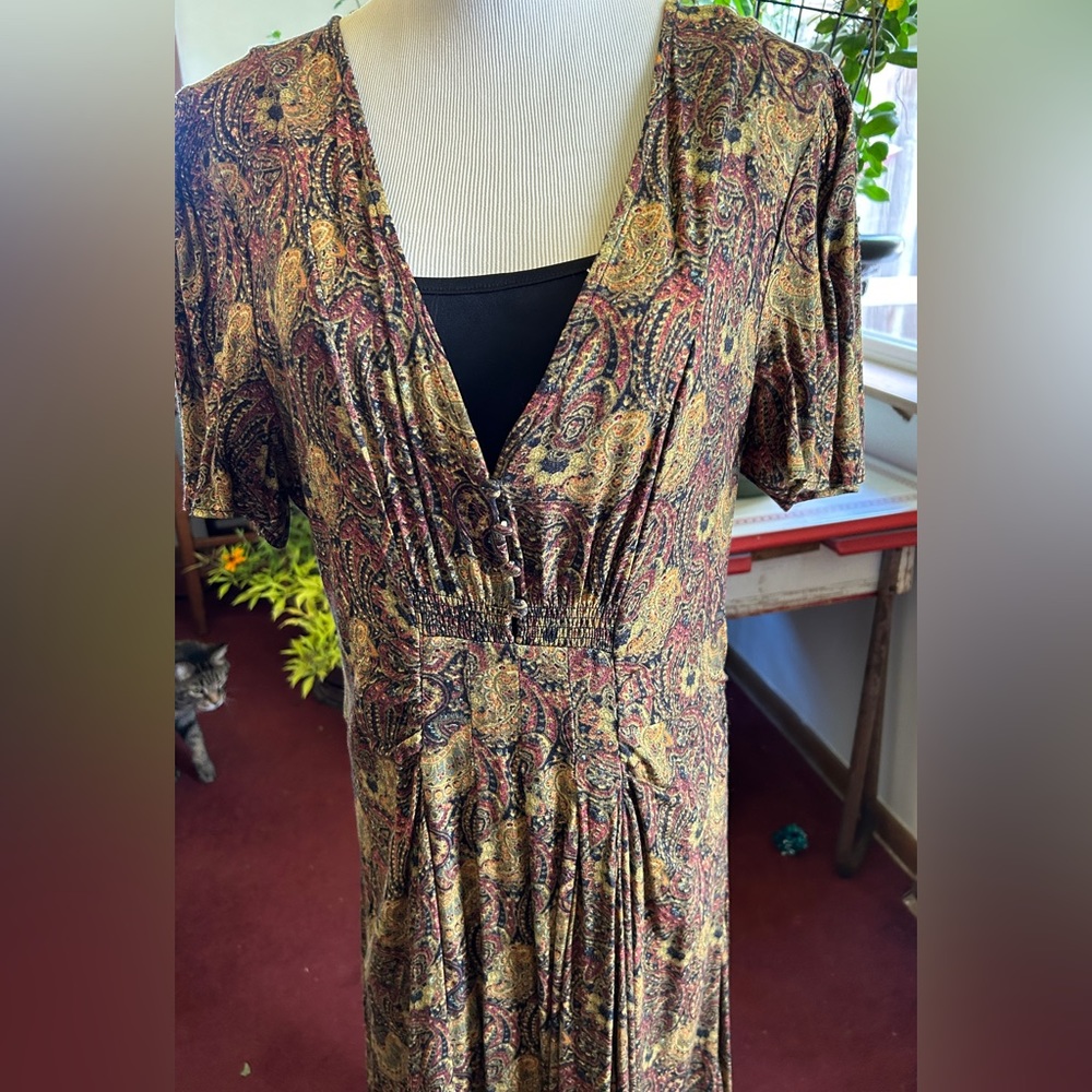 Free People Paisley Maxi Dress Jeweltone muted V neck side zipper size 14
